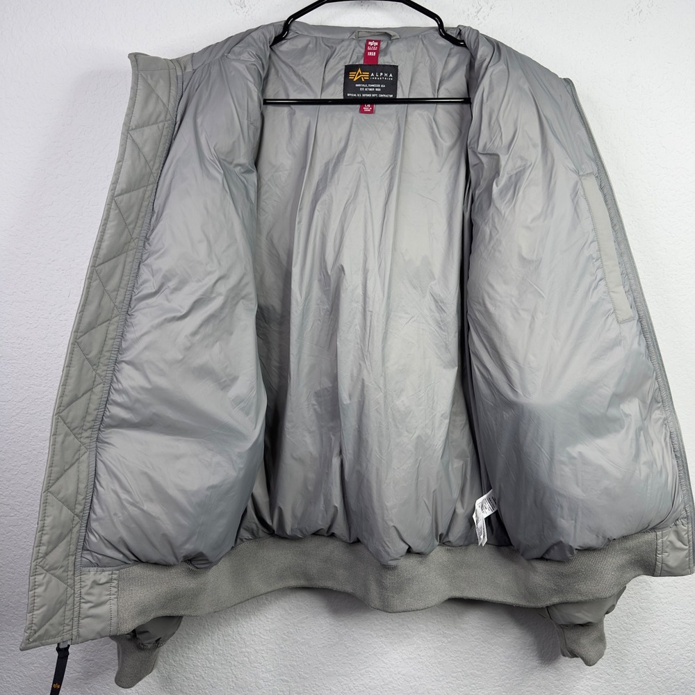 Alpha Industries Puffer Bomber Jacket Mens L Gray Quilted Streetwear Utility - Picture 5 of 12